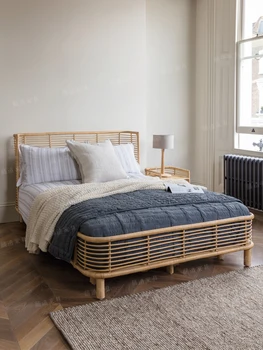 1,5-метрова двойно легло в синтоистском стил, скандинавски тъкане от ратан ръчна изработка, арт мебели за престой в семейството, творческа лекота