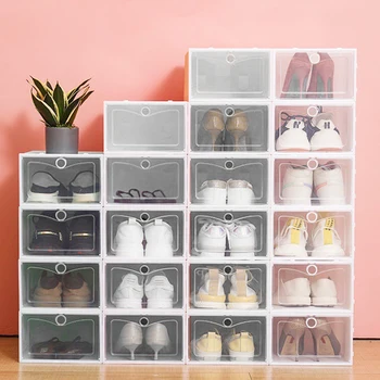 1 бр. прозрачни пластмасови кутии за съхранение на обувки Прозрачна витрина за маратонки Кутия за футболни обувки с високи голенищами, штабелируемый шкаф за обувки