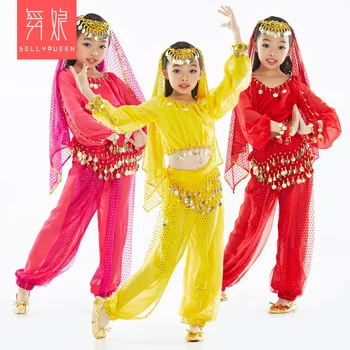 1 компл./лот, детски костюми за танци за момичета, ориенталски индийски костюми за сценични танци, комплект