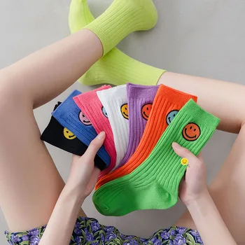 1 чифт ежедневни чорапи с смайликом под формата на средна тръба свободен размер, дишащи нескользящие чорапи с една шевове, пролет и лято