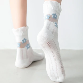 1 чифт/пролетно-летни памучни чорапи с ръб, женски свеж дизайн, удобни и дишащи чорапи със средна дължина, сладки чорапи с искряща мрежа