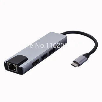 100шт 5 в 1 4K C USB Хъб към Гигабитному 100M Ethernet Rj-45 Lan Type C Hub Hdmi Адаптер usb 3.0 PD порт За Macbook Pro Samsung