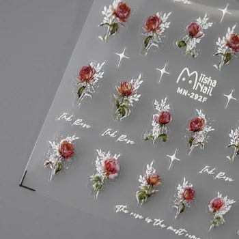 1бр 5D Релеф на Луксозни Розови Етикети за нокти Kawaii Red Flower Design Transfer Slider Самозалепващи стикери за Декорация на нокти DIY