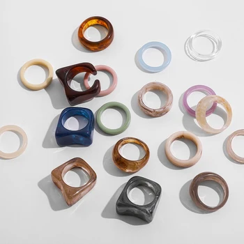 2021 Нов модерен Цветни Прозрачни Геометричен Кръг, Акрилни пръстени от смола, за жени и момичета, Реколта Квадратни, Кръгли, пръстени, Бижута