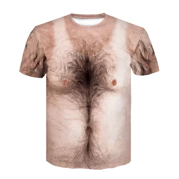 2023 Мъжка тениска с къс ръкав и коса на гърдите, на хладно градинска дрехи с 3D принтиране, мъжки фалшива облекло за гръдни мускули на корема