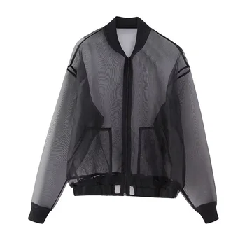 2023 Нова Дамско яке от прозрачна твърда прежда, Лятна мода Ежедневни Универсална яке с цип отпред с дълъг ръкав, свободно финото палто