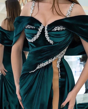 2023 Нови зелени Кадифени Секси Рокли за бала рокля Без презрамки с кристали, блестящи женски дълги вечерни рокли с висока цепка, ушити по поръчка