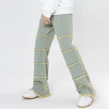 2023, Нови Модни Издържат Сини Широки панталони Мъжки Дънкови Панталони с Пискюли, Прави Хип-Хоп Реколта Готически Дънкови Панталони, Vetement Homme