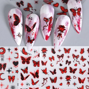 30 бр. Разход на набор от 3D стикери за дизайн на ноктите, пеперуда, цвете, лист, лигав слайдер, червени/сини/златни стикери, декорация за маникюр, аксесоар 