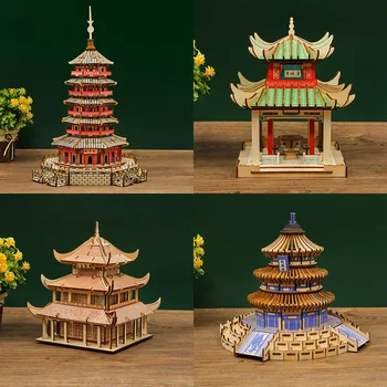3D Дървен Пъзел Айфеловата Кула Пекинския Храм Кула Yueyang Модел на Строителни Комплекти Пъзели Забавни Играчки за Деца Подаръци