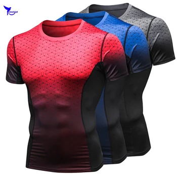 3D-Принтованная градиент цветна Бързосъхнеща тениска за бягане, мъжки компресия тениски с къс ръкав, Монтиране трикотаж за фитнес, спортни облекла за фитнес зала