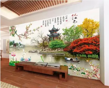 3d тапети за стени HD Китайската архитектура пейзаж с цветя, езеро и лотос начало декор фотообои за спалня на стената