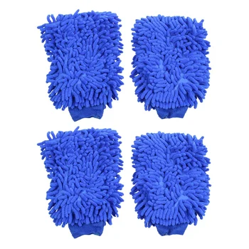 4X Суперабсорбирующие ръкавици за миене и восък от микрофибър и шенилна премиум-клас, ръкавици за миене на автомобили (сини)