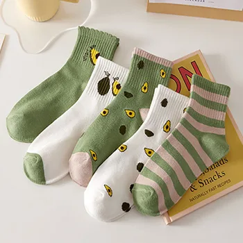 5 Двойки Есенно-зимни женските чорапи с Шарени Авокадо, Ежедневни чорапи, Дишащи Смешни Чорапи, Дамски памучни чорапи в стил Харадзюку