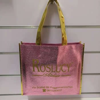 500 бр. Луксозни розови метални ламинирани Торбички тоут за Коледни подаръци, Изработени по поръчка Чанти от нетъкан текстил с логото, Годни за рециклиране