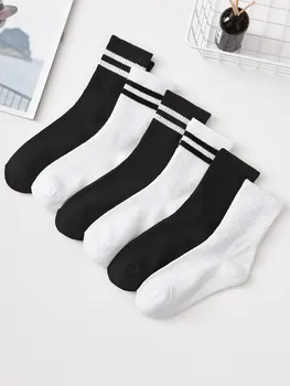 6 двойки, най-добър женски чорапи шарени и едноцветни черно-бели цветове, меки чорапи-тръбички, удобни и дишащи
