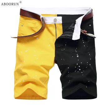 ABOORUN/ мъжки модни дънкови къси панталони с цифри и окъсани дупки, контрастиращи по цвят, плътно прилепнали дънкови шорти за мъже