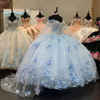 ANGELSBRIDEP Небето-Синьо бална рокля от тюл, буйни рокли с 3D цветен аппликацией, наметало Sweet 16 за рожден ден, вечерни рокли