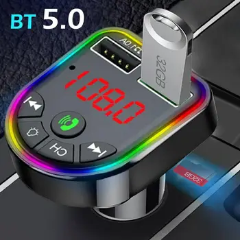 Bluetooth съвместим комплект за Автомобил, FM Трансмитер 5.0, MP3-приемник, Модулатор Хендсфри, Безжично Зарядно Устройство, Аудио, Двоен Бърз USB плейър F1F2