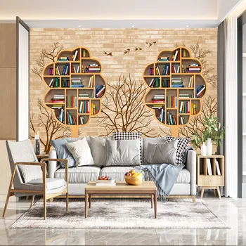 Bookshelf тухлена стена на кръста дърво 3D дневна спалня по поръчка самозалепващи се тапети стенопис
