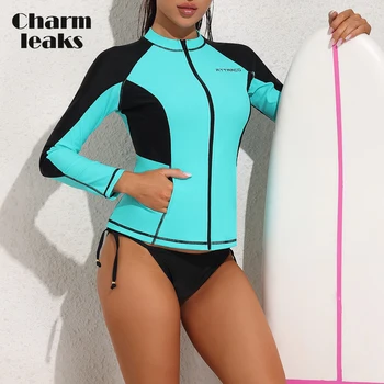 Charmleaks/ дамски блузи с защита от обриви и кръгло деколте с цип, цвят UPF 50 +, върхове за сърфиране, дълги ръкави, Бързосъхнеща мека плажно облекло
