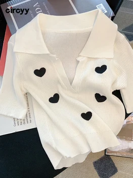 Circyy/ Дамски ризи с бяла бродерия във формата на сърце, Летни Тънки блузи с къс ръкав, прости стрейчевые върховете 2022, мода Y2k, отложной яка