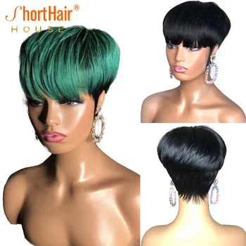 Emerald перука с бретон Pixie Short Cut Боб 100% Перуки, изработени от човешка коса за черната жени Бразилски права перука машина за производство на Евтини къса перуки