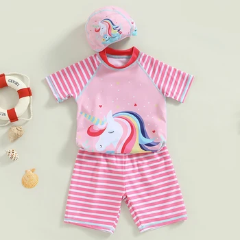 FOCUSNORM от 2 до 7 години, детски бански за момичета, 3 бр. тениска с изображение, анимационни коне, шарени къси панталони и шапка за плуване