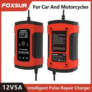 Foxsur Интелигентно Зарядно Устройство за акумулаторна Батерия 12v24v5a, Бързо Зарядно Устройство За Ремонт на Импулси за Хранене, LCD Дисплей, Зарядно Устройство за Мотоциклет, на Оловно-Киселинната