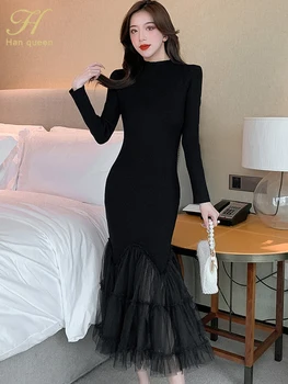 H Han Queen Ново елегантно сетчатое рокля-русалка с отстрочкой, дамски черни прилепнали рокли със средна дължина, проста офис облекло, празничните рокли