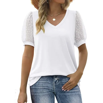 Jocoo Jolee/ елегантни дамски летни блузи, обикновена тениска с V-образно деколте, потник с пищни ръкави в швейцария грах, свободни ежедневни тениски