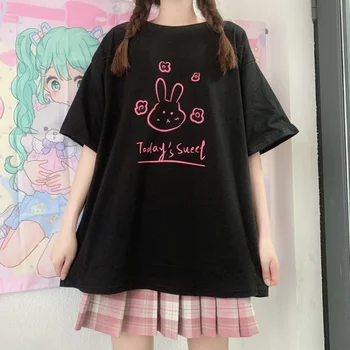 Kawaii E-girl Y2K rabbit С графични накъдрен хем, ярко-розови тениски в стил Пънк 90-те, Градинска дрехи, топ с къс ръкав, ярко-розова тениска Harajuku