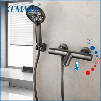 KEMAIDI Сив смесител за душ с постоянна температура, месинг смесител за топла и студена вода в банята, с монтиран на стената ръчен кран с водопад