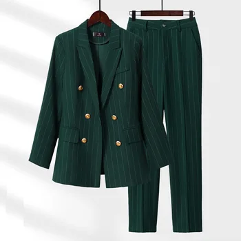 Lenshin/ по-големи Размери, висок клас Двубортный комплект от 2 теми в кралската синя и зелена ивица, женски брючный костюм, офис дамски дрехи