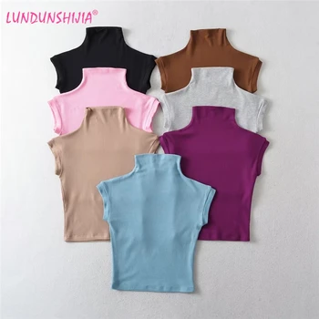 LUNDUNSHIJIA/ Модни Блузи с малка яка 2023, Лятна Дамски Приталенная тениска, Стегнати Памучни Тениски с къс ръкав, 7 Цвята