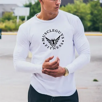 Muscleguys класическа тениска с дълъг ръкав и принтом, мъжки марка дрехи за фитнес, ежедневни приталенная мъжка тениска от висококачествен еластичен памук