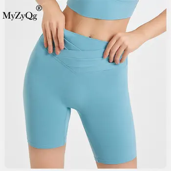 MyZyQg, дамски къси панталони за йога с компресия на корема и образуването на парчета, дамски къси панталони за йога с кръстосани висока талия, подтягивающие бедрата, спортни Панталони за фитнес