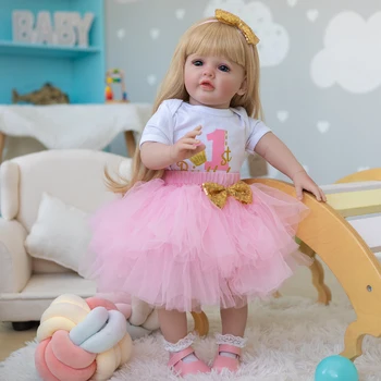 NPK 60 см, кукла за момичета-деца, възстановената принцеса Бети, Дълга руса коса в розова рокля, Меки подаръци за деца