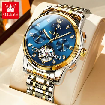 OELVS Мъжки часовник Луксозни Оригинални Автоматични Механични Ръчни Часовници с Турбийоном за Мъже Водоустойчив Светещи Дата на Седмица Фаза на Луната