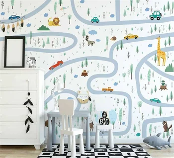 papel de parede 3d скандинавски ръчно рисувани, cartoony пътен автомобил, cartoony рай за животните, на фона на стената на детската стая, 3D тапети
