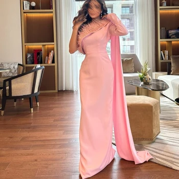 Qcenkern, елегантни пера на едното рамо, вечерна рокля, Саудитска Арабия, Реколта розови вечерни рокли, Дамски официални рокли 2023