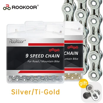 Rookoor 9-Степенна Куха Велосипедна Верига Сребрист Цвят TI-Gold 116 Връзки за Планински Пътни Наем Силни Колоездачни Аксесоари, резервни Части