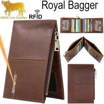 Royal Багер, държач за RFID-карти, двоен кратък чантата за мъже от естествена телешка кожа, държач за карти, портфейл за монети с цип, Чист състав