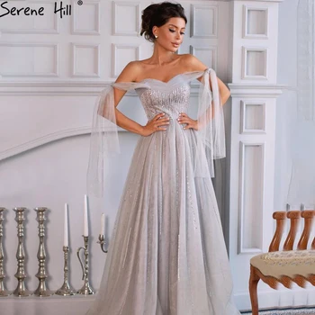 Serene Hill Сиво Секси вечерна рокля Трапецовидна форма с открити рамене 2023, тюлевое без ръкави рокля с пайети, расшитое мъниста, официална вечерна рокля CLA70377
