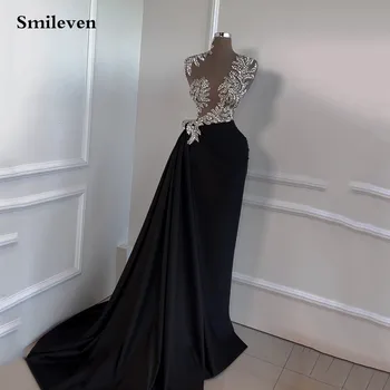 Smileven Green Секси Черни Вечерни Рокли на Русалка с перли и кристали, рокля за бала в Саудитска Арабия, коктейлни рокли без ръкави 2023