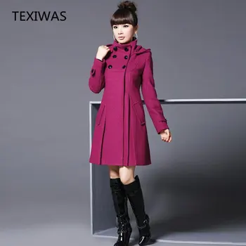 TEXIWAS Есен-зима, двубортное дълго палто с качулка, женски вълнени смеси, блузи, дамско палто с елегантна ветрозащитная горна дреха с джобове