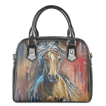 Twoheartsgirl Живопис, дизайн на коня, дамски чанти през рамо от изкуствена кожа, ежедневни чанти-месинджър, леки дамски чанти