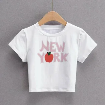 Y2K облекло, тениски с къс ръкав и принтом в стил Ню Йорк, лятна тенденция риза, отгоре с деколте в стил харадзюку 2000-те, облегающая тениска