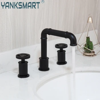 YANKSMART Матиран черен смесител за баня, 3 предмет, вана, монтирани на бортике, промишлен уникален дизайн, смесител за мивка, смесител за вода