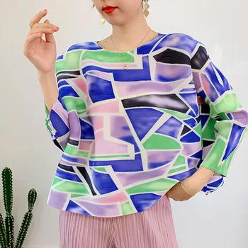 YUDX Miyake плиссированный топ за жени 2023, модерна и стилна ранна пролетна риза в голям размер, с кръгло деколте, малко свободни тениски